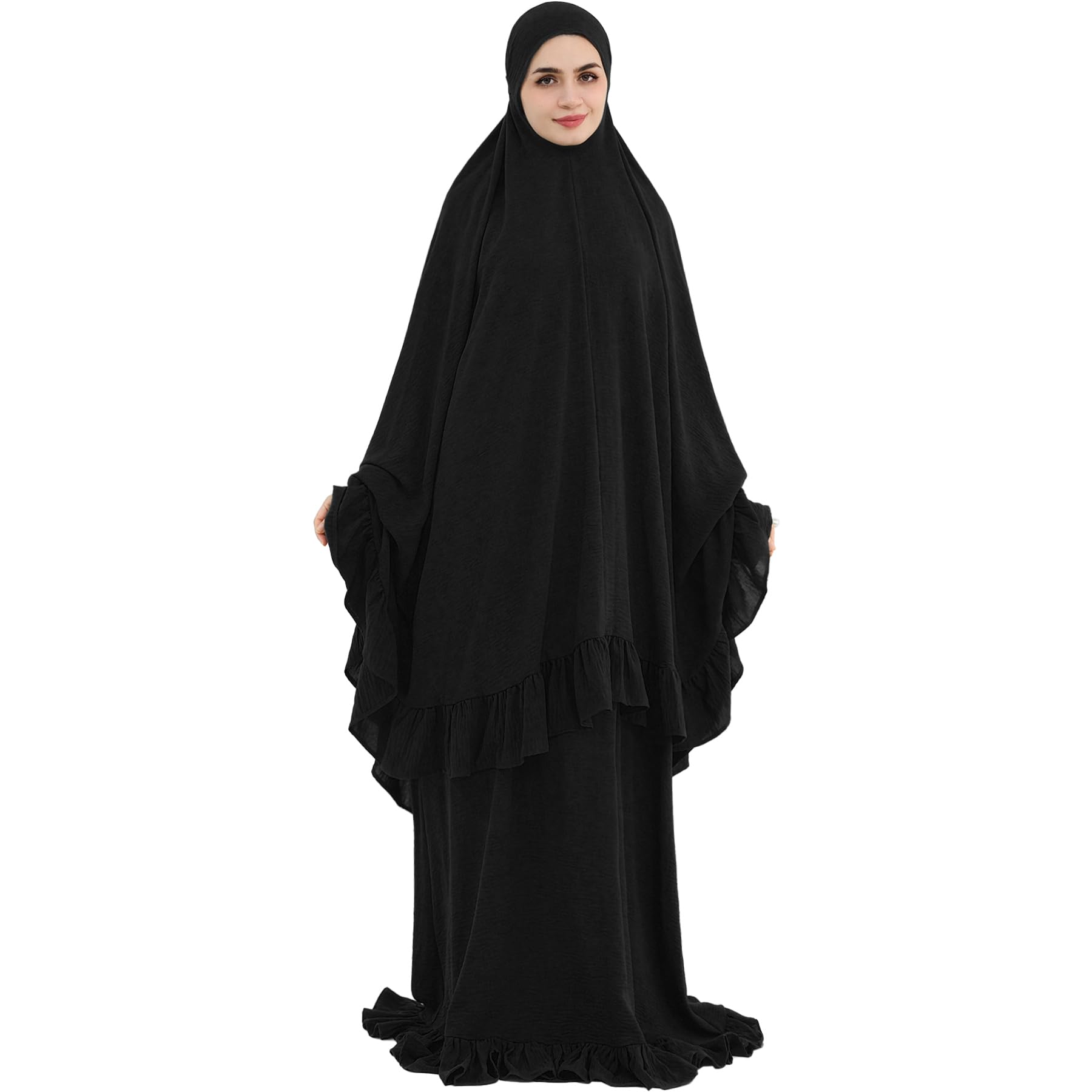 khalat 2PCS Abayas für Frauen Muslimisches Kleid mit gerüschtem Saum Bescheidenes Gebetsgewand Vollständig bedeckendes bescheidenes Jilbab-Set