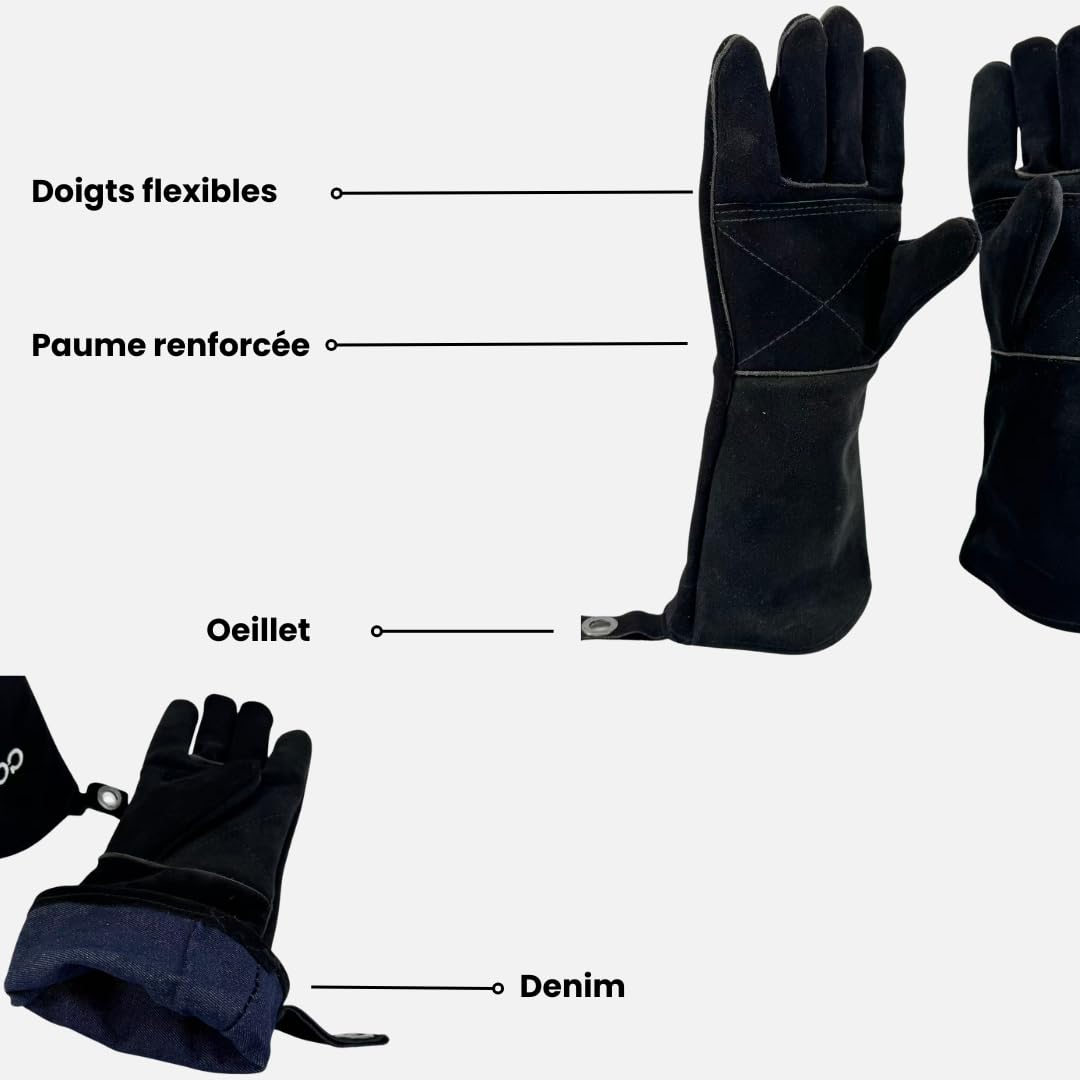 Gants Résistants à la Chaleur - Cuir Ignifuge - Haute Résistance - BBQ & Pro - Barbecue, Cuisine, Cheminée, Soudage, Four, Jardin, Camping, Atelier - Protection. 40x16cm