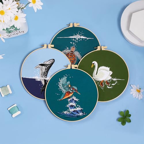 Image of Picoey Embroidery Kit for Beginners with Animal Pattern and Instructions,4 Pack Cross Stitch Kits,2 Wooden Embroidery Hoops,Threads and Needles,Needlepoint Kit