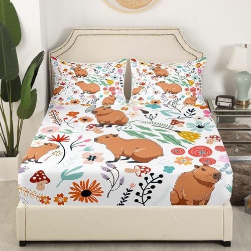 フラワーズ マットレスカバー カピバラ ベッドシーツ、柔らかい通気性マイクロファイバー、深いポケット、ボックスシーツ、通気性・速乾性 着脱簡単 丸洗い可能 寝具セット、セミダブル シーツ 120x200cm + 2 枕カバー43x63 cm