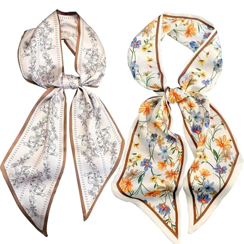 Hicarer 2 Pcs 59 Inch Silk Head Scarf Hair Neck Scarves Women's Fashion Square Neck Satin Scarfs for Women Purse Bag Scarfs for Handbags Silky Long Satin Headscarf