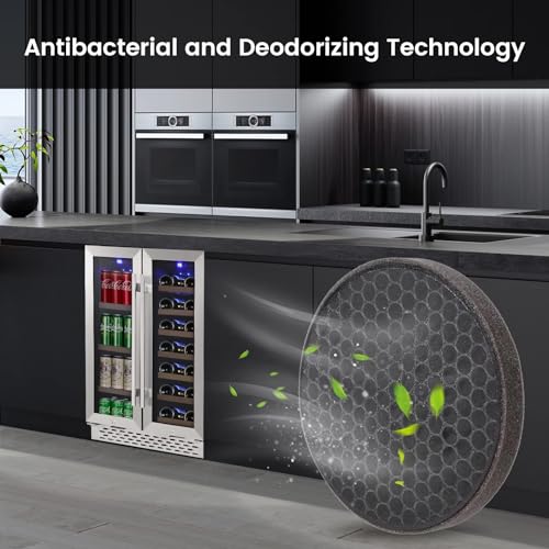 55 Cans, 20 Bottles Wine Fridge, Dual Zone Wine and Beverage Refrigerator ,Quiet Compressor, Blue LED, 24 Inch Under Counter Fridge for Home Entertaining