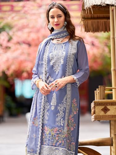 Image of INDO ERA Womens Organza Embroidered Straight Kurta Pant Dupatta Set (IEOUT10604)