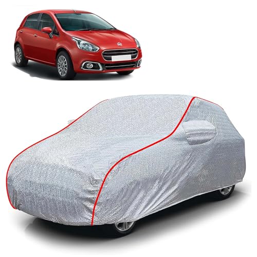 Image of Sulfar 100% Waterproof Car Body Cover Compatible with Mirror for Fiat Punto Evo (Triple Stitched, Full Bottom Elastic, Magic Silver with Red Piping)