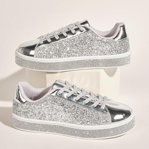 Image of UUBARIS Women's Glitter Tennis Sneakers Neon Dressy Sparkly Sneakers Rhinestone Bling Wedding Bridal Shoes Shiny Sequin Shoes