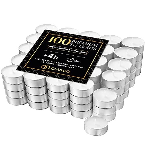 Pack Cia&Co 100 Theelichten 4 uur. Ronde witte theelichtjes Geurvrij 100% paraffine. Diameter 38 mm, Ideaal voor horeca Zonder Geur