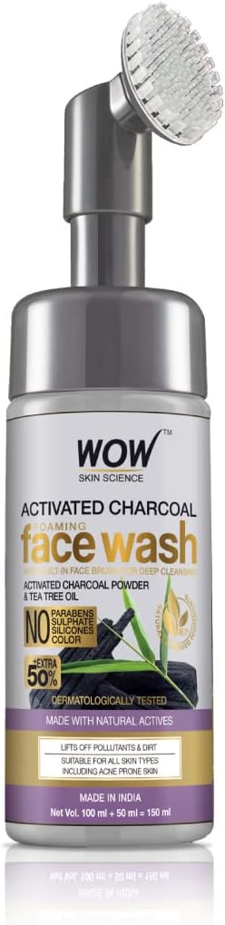 WOW Skin Science Charcoal Foaming Face Wash with Built-In Face Brush for deep cleansing - No Parabens, Sulphate, Silicones & Color - 100mL