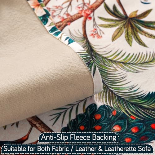 Image of HOKIPO Sofa Cover with Tassel for 2 Seater Sofa | Full Protection for Seat and Back | Printed Holland Velvet Fabric | 'Whispers of Nature' (160x120 cm), Multicolor Tropical Peacock (IN-1126-D1)