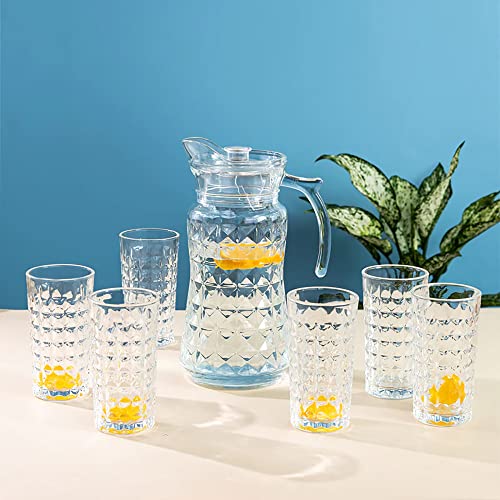Image of bellemax Italian Premium Water and Juice Glasses Set of 6 and Jug Set Combo,(6 Pieces Glasses 350ML and 1 Water Juice Jug 1.6 Liter), Transparent, Glass and Jug Set (Royal)