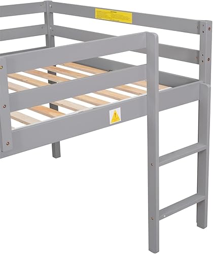 Miniatura 7 de Cama alta de tamaño matrimonial para niños y niñas, cama alta de madera con barandilla de seguridad y escalera, marco de cama baja, no necesita