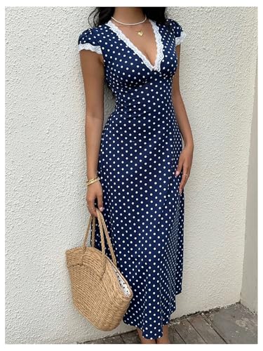 Milumia Women's Polka Dots Lace Trim Deep V Neck Dress Short Sleeve Flared Long Dresses2