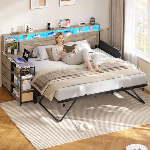Image of MSmask Daybed with Trundle, Day Bed with 3 Storage Drawers and Headboard, Farmhouse Wooden Twin to King Daybed Frame with Charging Station and LED Lights for Bedroom, Grey