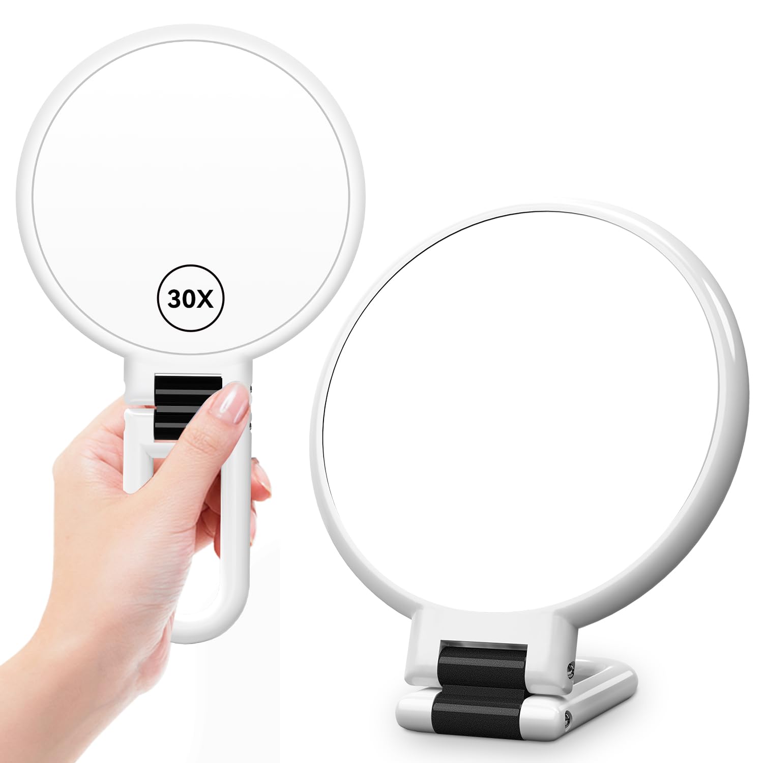 Auxmir Espejo de Mano, Aumento 30X / 1X Doble Cara, Espejo de Maquillaje Plegable para Viajes Mesa, Colgar Pared Baño, Ligero y Portátil, Rotación de 360°, Blanco