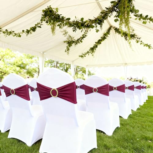 Image of Burgundy Chair Sashes 50 Pack with Gold Buckle Slider, Spandex Wine Red Chair Bands Bows for Folding Chairs Wedding Party Banquet Decor