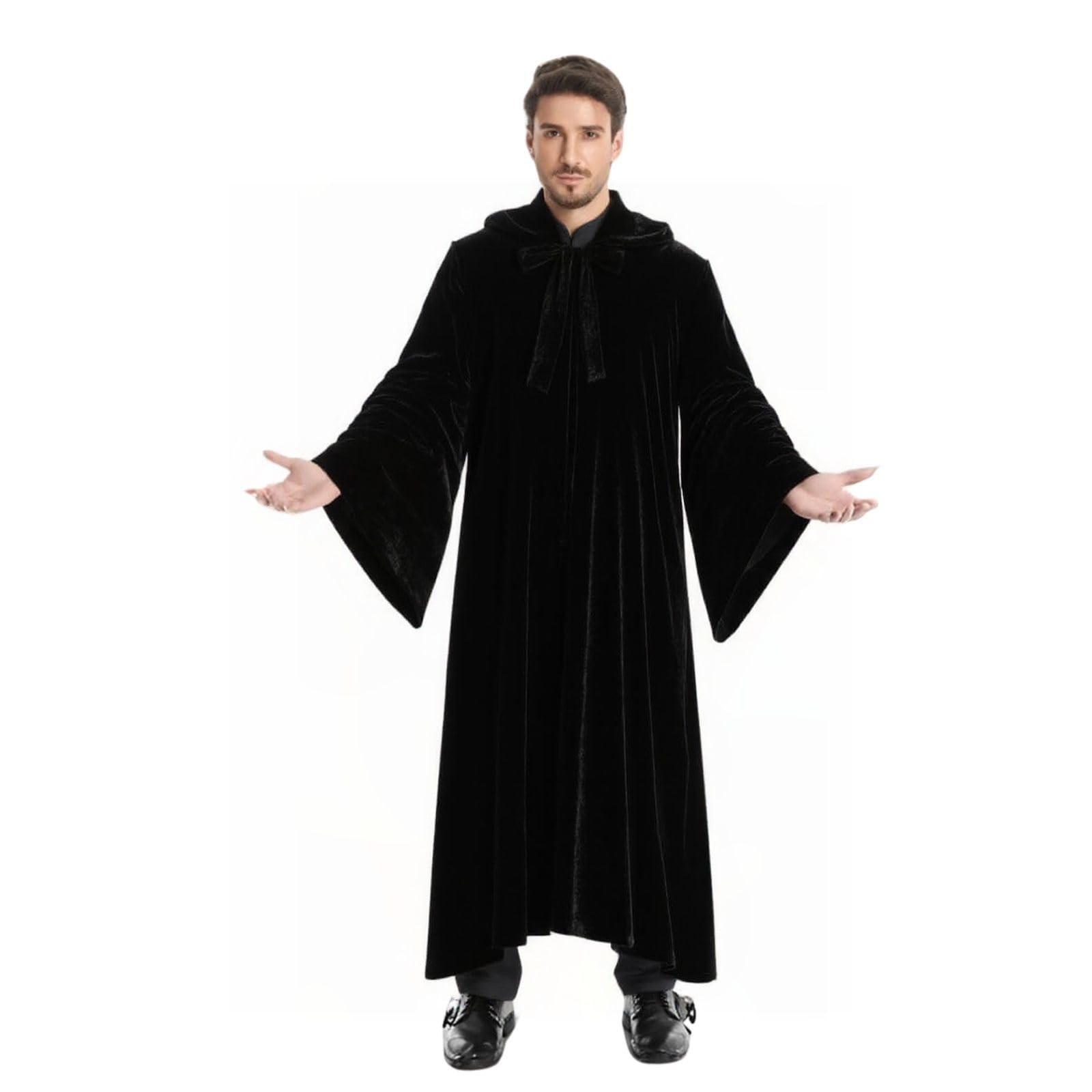 RRCBMD Black Robe with Hood Black Wizard Robe Mens Wizard Cloak with Sleeves Halloween Cape for Men (Black-170CM) - Image 4