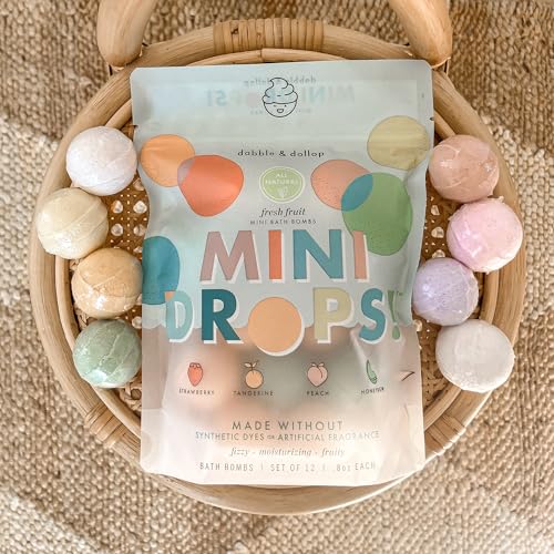 Image of Dabble & Dollop Mini Bath Bombs, Fresh Fruit Scents - Natural Origin, Mixable Scents, Clean Ingredients, No Synthetic Dyes, Toddler & Kids Bath Bombs in Resealable Pouches (Set of 24)
