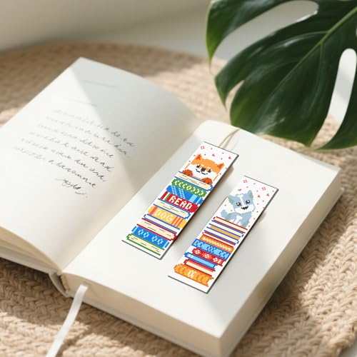 Image of FREEBLOSS 6 Set 11CT Cross Stitch Bookmarks Kit Puppy&Books Stamped Cross Stitch Kit DIY Embroidery Bookmark Set with Instruction for Adults Beginners Gift for Reading Enthusiasts 20x6cm /8x2.4inch