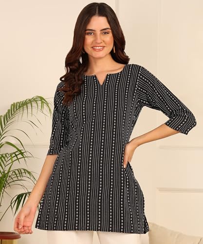 Image of DSK Studio Women's Cotton Short Kurti with Notch Neck Line 3 /4th Sleeves Abstract Pattern Short Length and Regular Fit