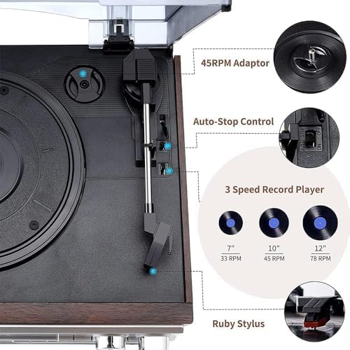Giradischi Bluetooth, giradischi in vinile a 3 velocità con altoparlanti integrati, lettore CD e cassette, copertura antipolvere per audio domestico
