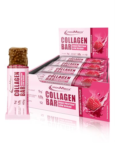 IronMaxx Collagen Protein Bar - Barra 40g Frambuesa 12 Unidades - Barra High Protein baja en azúcar con colágeno tipo 1, 2 y 3, 5g de colágeno por barra de carne de vaca alimentada con pasto.