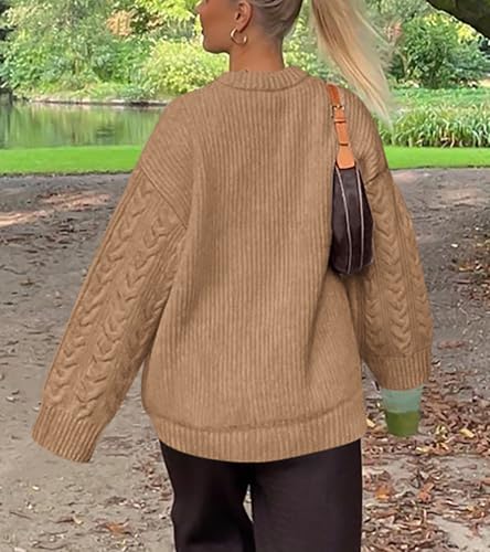 Okiwam Women's Oversized Sweaters Crewneck Cable Knit Pullover Casual Loose Fall Outfits Spring Fashion Clothes 2026-XL Khaki — view 3