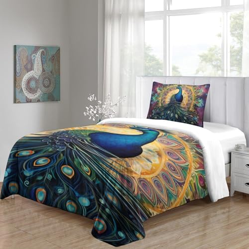 Housse de couette paon 3D douce avec fermeture éclair et parure de lit single - 5