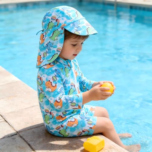 Baby/Toddler Boy Long Sleeve Rash Guard Swimsuit Sun Protection One Piece Zipper Swimwear with Hat Dinosaur Marine Animal Print Quick Dry Bathing Suit 6 Months-12 Months — view 3
