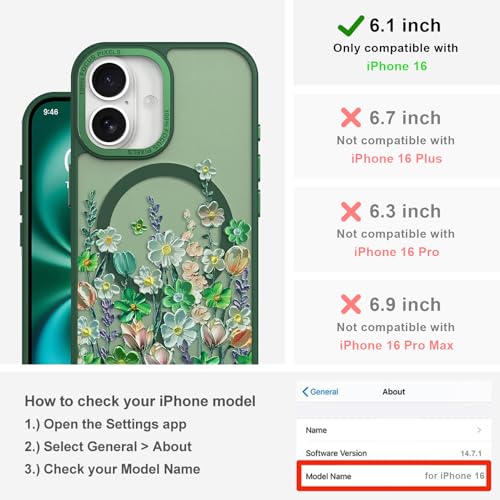 Image of Magnetic for iPhone 16 Case with for Women Girls, Green Floral | Pretty Oil Painting Flower Pattern Design [Compatible with MagSafe] Shockproof Slim Translucent Matte Non-Slip Cover