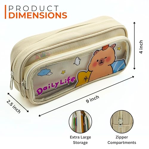Image of Alokik Enterprise Cute Cartoon Pencil Pouch with Double Zipper & Transparent Window, Large Capacity Fabric Pen Case for School, Office, Students, Kids & Teens (Daily Life Off White Pouch)