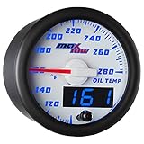 MaxTow Double Vision 280 F Oil Temperature Gauge Kit - Includes Electronic Sensor - White Gauge Face - Blue LED Illuminated Dial - Analog & Digital Readouts - for Trucks - 2-1/16