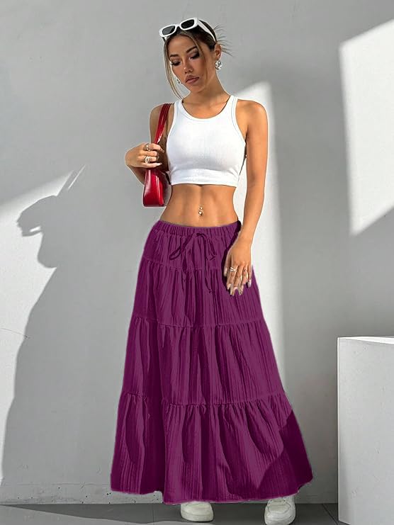 Image of Jawdrobe Women's Georgette Ruffle Hem Long Flared Skirt Lightweight Soft Fabric| High-Waisted Ruffled Maxi Plain and Pleated Skirt