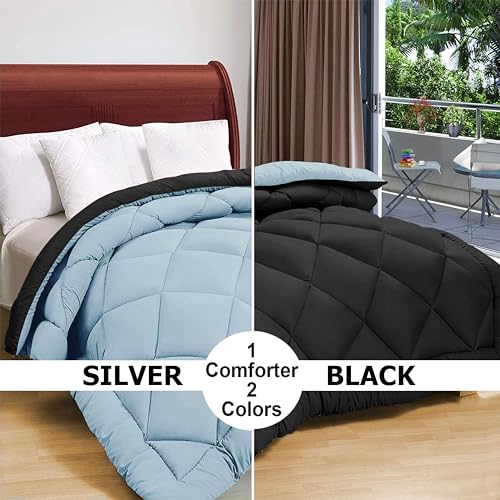 Image of Amazon Brand - Umi AC Comforter Double Bed | AC Blanket Double Bed | 220 GSM Ultra Super Soft Microfiber Reversible Lightweight All-Weather Bed Comforter /Duvet /Quilt (90 inchX86 inch Inche, Black & Grey)