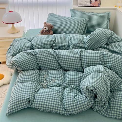 Image of LifeTB Green Gingham Comforter Set Full Size Geometric Plaid Checkered Pattern Comforter Green Grid Plaid Printed Bedding Comforter Set with 2 Pillowcases Fluffy Soft Gingham Bedding Set Breathable