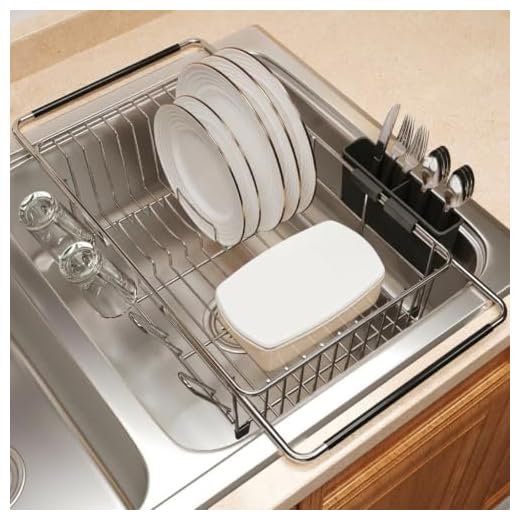 JASIWAY Roll Up Dish Drying Rack, Expandable 304 Stainless Steel Portable Over The Sink Dish Drainer for Kitchen Sink Counter, Foldable Sink Cover with Removable Utensil Holder(12.8"-23.3")