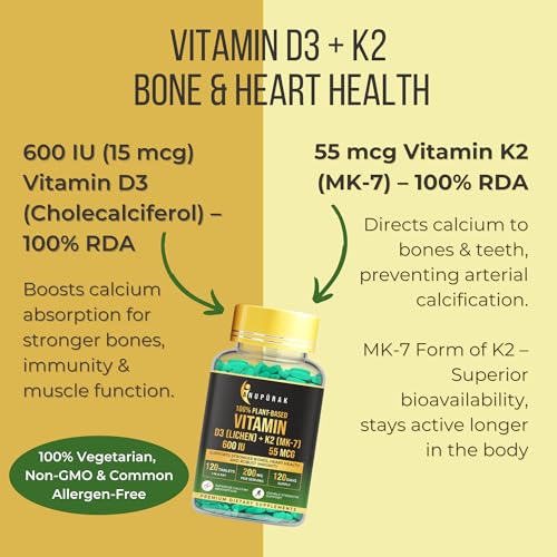 Image of Vegan Vitamin D3 K2 MK-7 Tablets - Lichen D3 & Natto K2 | Supports Bone Strength, Calcium Direction & Immunity | 100% RDA . Plant-Based | 120 Veg Tablets (120 Days)