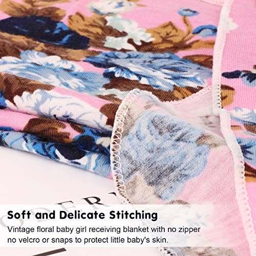 Image of DRESHOW BQUBO Newborn Receiving Blanket with Bow Hat Set Flower Print Baby Swaddle Blanket with Beanie Nursery Swaddle Wrap