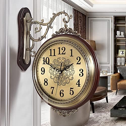 American Style Double Sided 360°Rotating Wall Clock, Solid Wood Metal Silent European Clock,Vintage Wall Hanging Decorative Clock for Home Decor