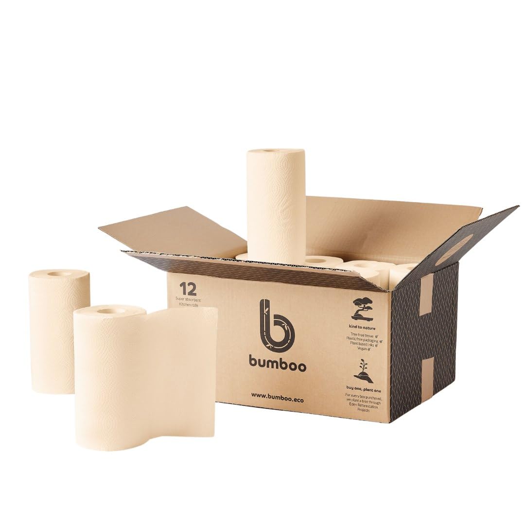 Bumboo |100% Bamboo Unbleached Kitchen Rolls | Pack of 12 Rolls (2-Ply) | Multipurpose, Plastic-Free, Eco-Friendly, Super Absorbent, Strong & Sustainable