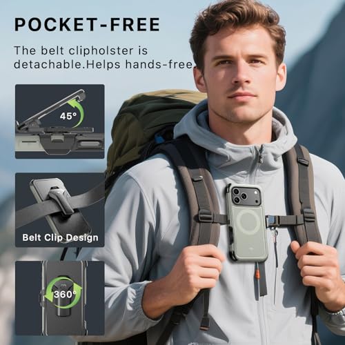 Image of M MYBAT PRO for iPhone 17 Pro Case with Belt Clip Holster,[Compatible with Magsafe] w /Screen Protector,Anti-Drop,Shockproof,w 360Rotating Kickstand,Heavy Duty Protection (Natural Titanium)
