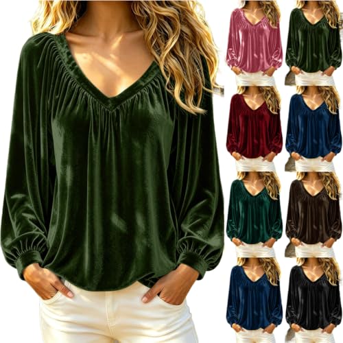 Long Sleeve Shirts for Women Velvet V Neck Pleated Loose Elegant Tops - image 1