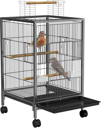 Image of Foldable Metal Bird cage,Villa for Budgies, Zebra Finches,Java,Cocktail, Conures,Alexander Parrot, Green Parrot with Stand,Wheel,2cups and 2 Perch Sticks,2 Side Doors- White Color