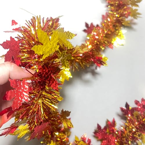 Image of 33Ft Thanksgiving Fall Tinsel Garland Shiny Hanging Coarse-Textured Red and Gold Maple Leaf Metallic Twist Garland Autumn Decor for Fall Party Door Tree Garlands Decorations - (Red & Gold)