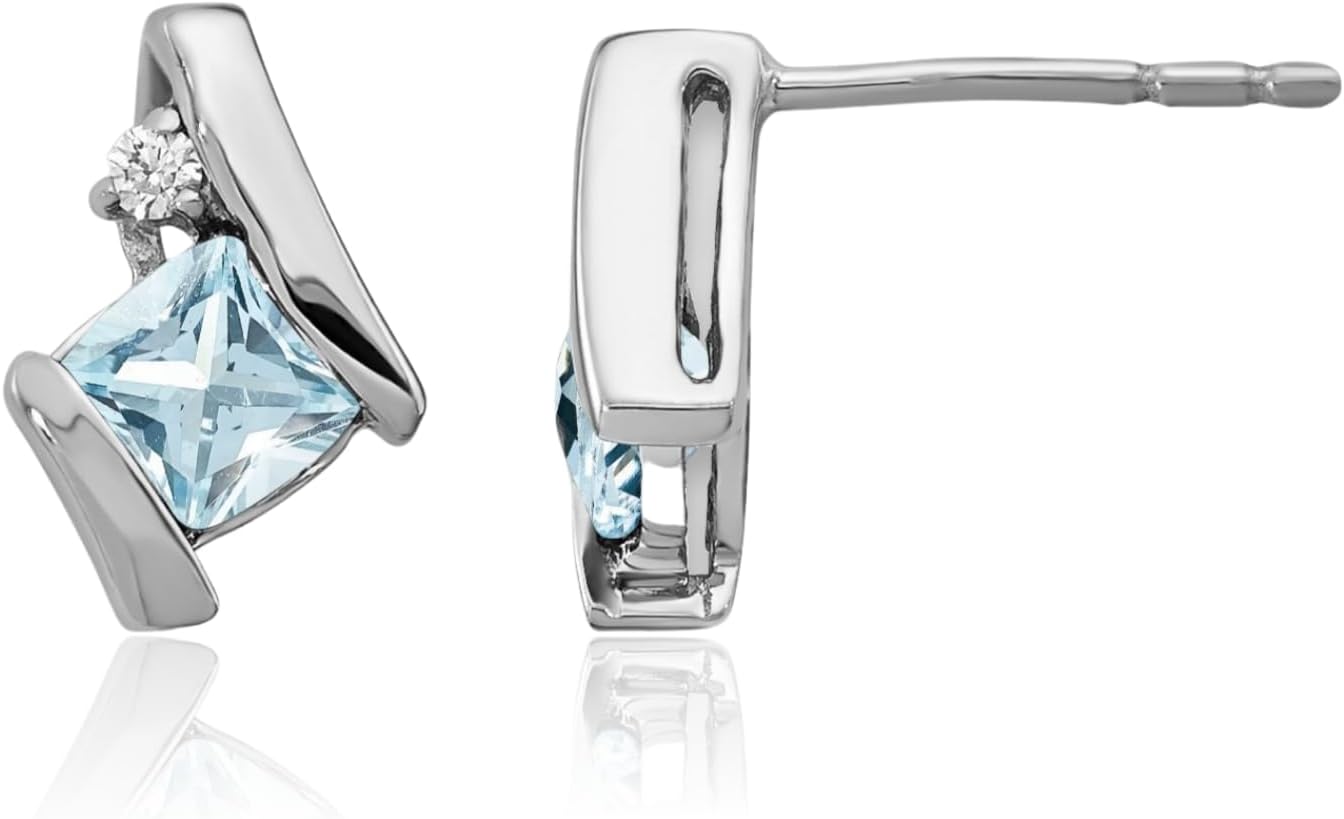IceCarats 14K Solid White Gold 0.65 carat Blue Aquamarine Diamond Accent Large Stud Earrings 10mm 3/8 inch Cushion Cut, Natural, Friction Back, Geometric For Her