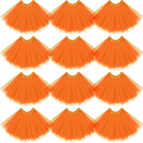 Jiuguva 12Pcs Elastic 4 Layered Tulle Tutu Skirt Halloween Tutus for Women Ballet Adult Fluffy Fairy Ballerina(Orange)