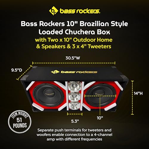 Image of Bass Rockers 10 inch Brazilian Style Loaded Chuchera Box with Two x 10 inch Outdoor Home & Speakers & 3 x4 Tweeters 1900W - Best for Car UTV, ATV, Camper, DJ, Pro Audio Use, Party, Disco