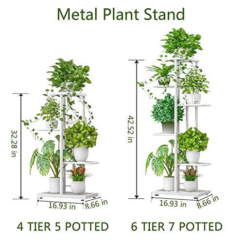 Image of LINZINAR Plant Stand Indoor Outdoor Metal 4 Tier 5 Potted Multiple Flower Pot Holder Shelf Planter Display Shelving Unit for Patio Garden Corner Balcony Living Room (4 Tier 5 Potted, White)