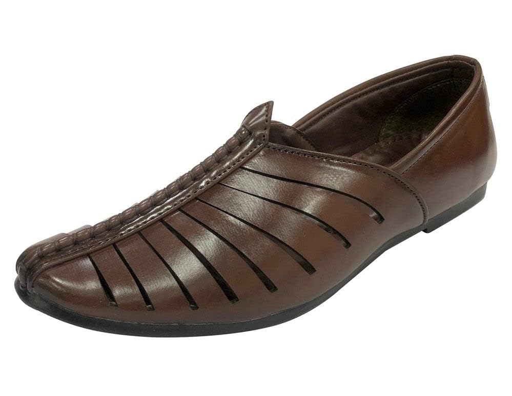 Punjabi Jutti for Mens Breathable Brown Fashion Loafers Sherwani Shoes Indian Flat Ethnic2