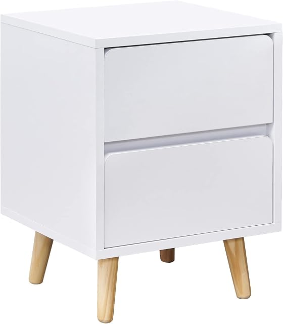 OFCASA 2 Drawers Bedside Table with Solid Wood Legs White Wood Bedside Cabinet Nightstand for Bedroom Living Room