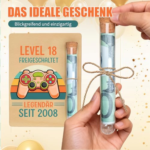 18 Geburtstag Geldgeschenk Holzkarte mit Reagenzglas Box Level 18 Freigeschaltet Gamer Präsent für Geldgeschenk 18. geburtstag junge kreative Geld Geschenkidee für Jungen 2008 Party Überraschung