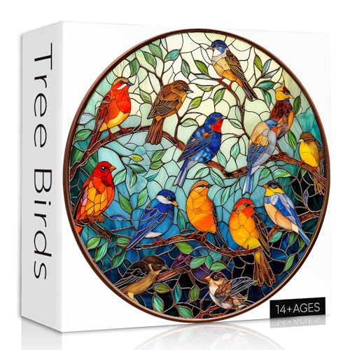 Stained Glass Puzzle Bird Puzzles for Adults 1000 Pieces Colorful Round Bird Tree Jigsaw Puzzle Impossible Hard Difficult Puzzles for Adults Challenging Puzzles as Home Wall Decor